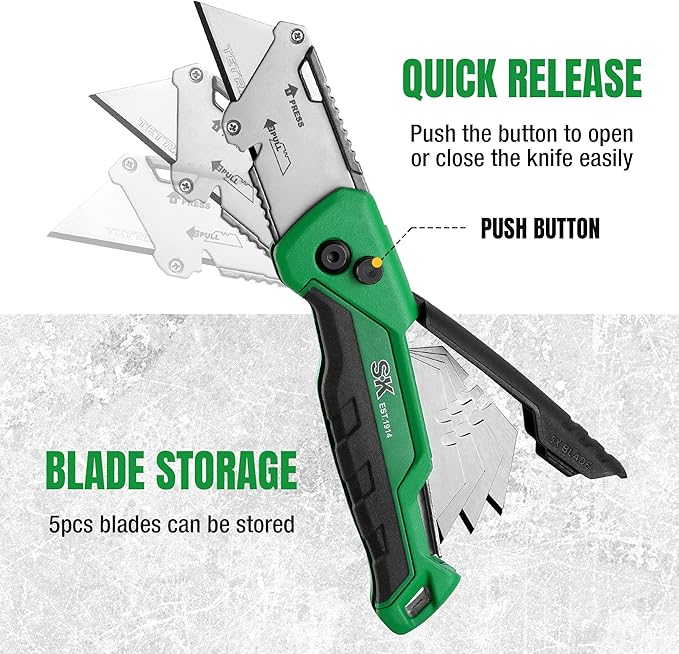 SK Folding Utility Knife with Additional Wire Cutter, Quick Change Box Cutter, Blade Storage in Handle, Extra 4 SK2M Blades Included