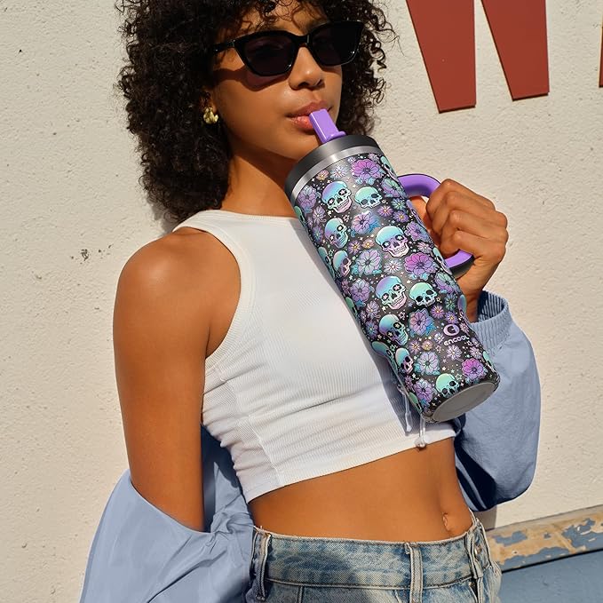 ENCOOL 40 oz Tumbler with Handle and Straw: Stainless Steel Insulated Tumbler Keeps Cold for 24 Hours, Leakproof Travel Cup Fits in Cup Holder and BPA-Free, Floral Afterlife