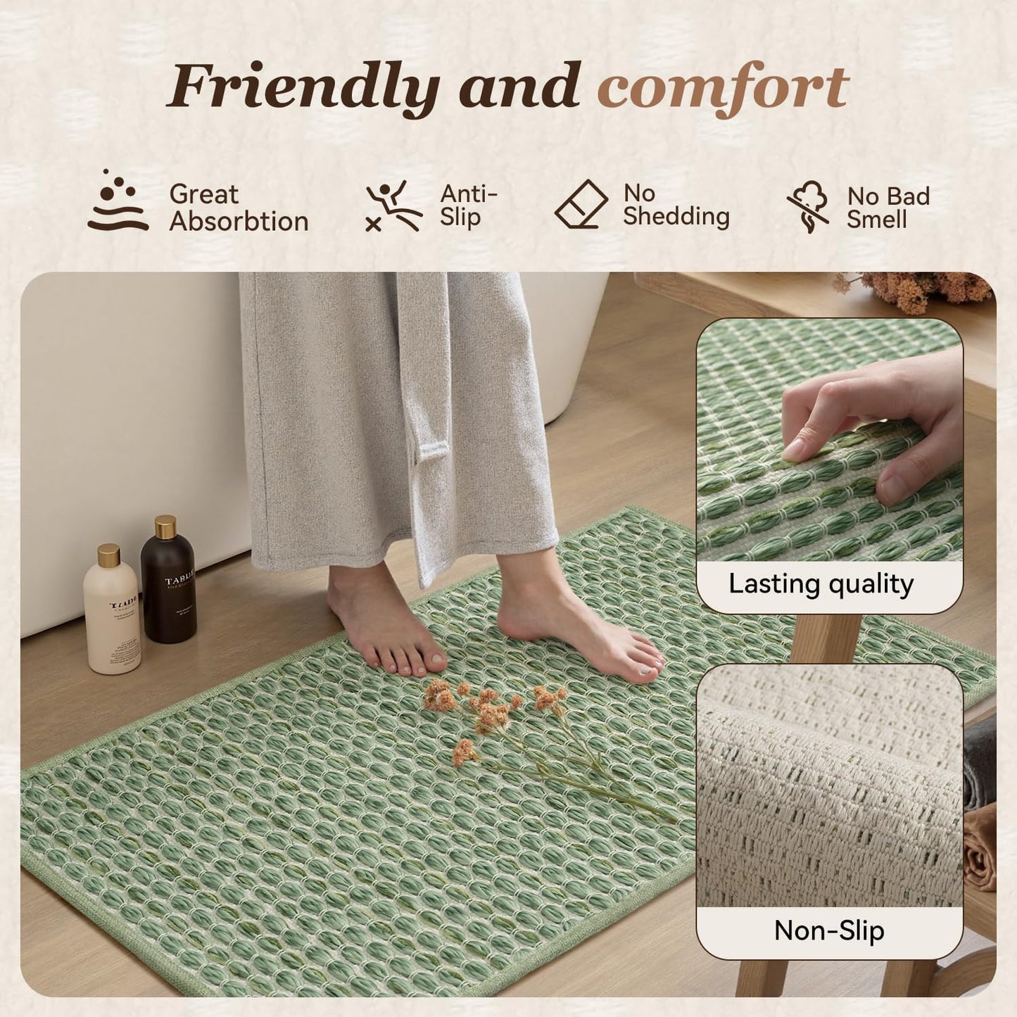 AMOAMI Unique Woven Bath Mat, Super Absorbent Non Slip Bath Mat, 18" x 30", Sage