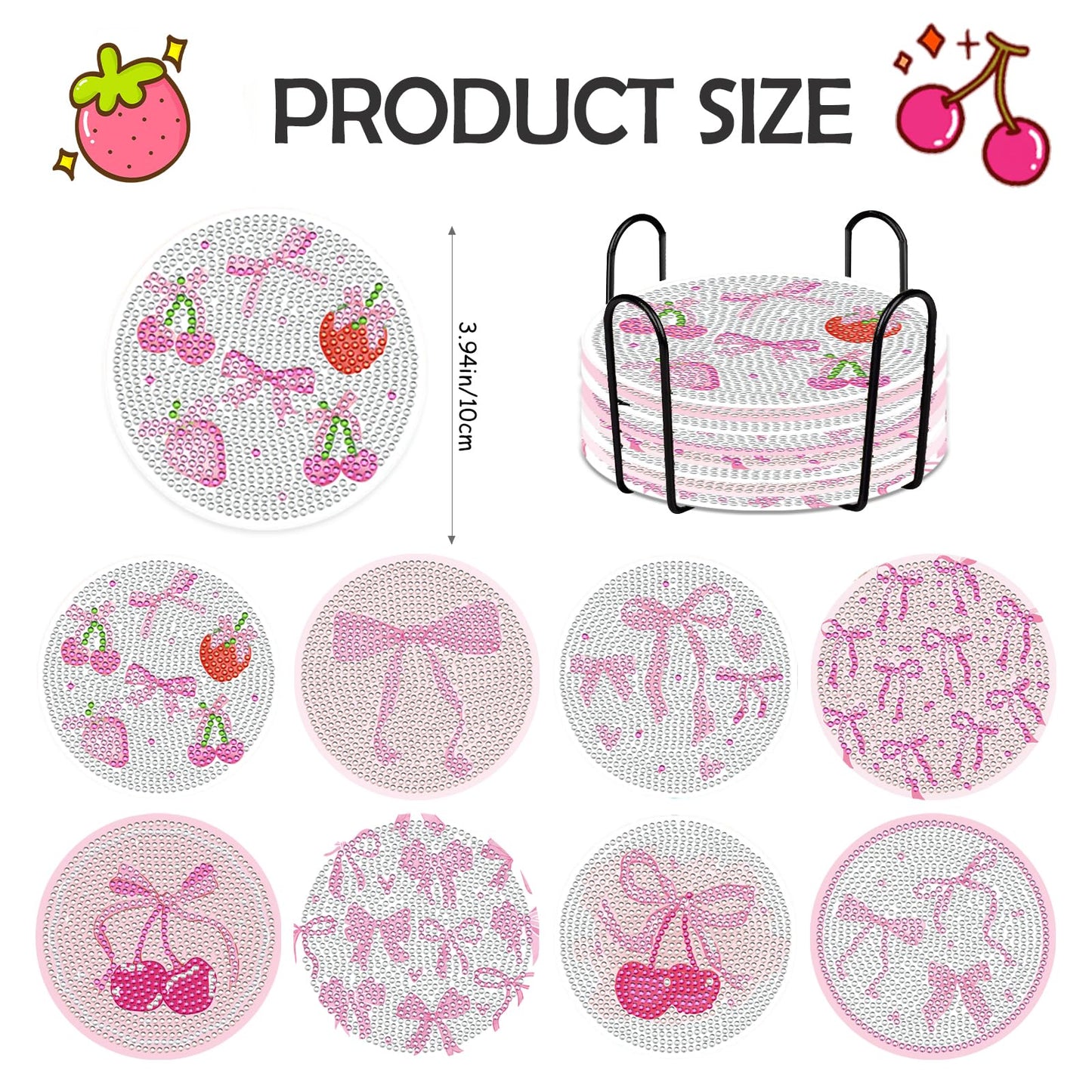 Pink Bow Diamond Art Coasters Kits - 8 PCS DIY Non Slip Diamond Painting Coasters with Holder Bowknot Cherry Strawberry Gem Art Craft Supplies for Adults Beginners Women Coquettee Home Table Decor