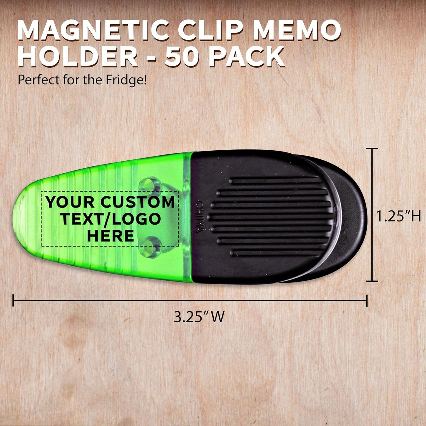 50 Magnetic Memo Holders Set - Customizable Text, Logo - Large Clip, Plastic - TGreen