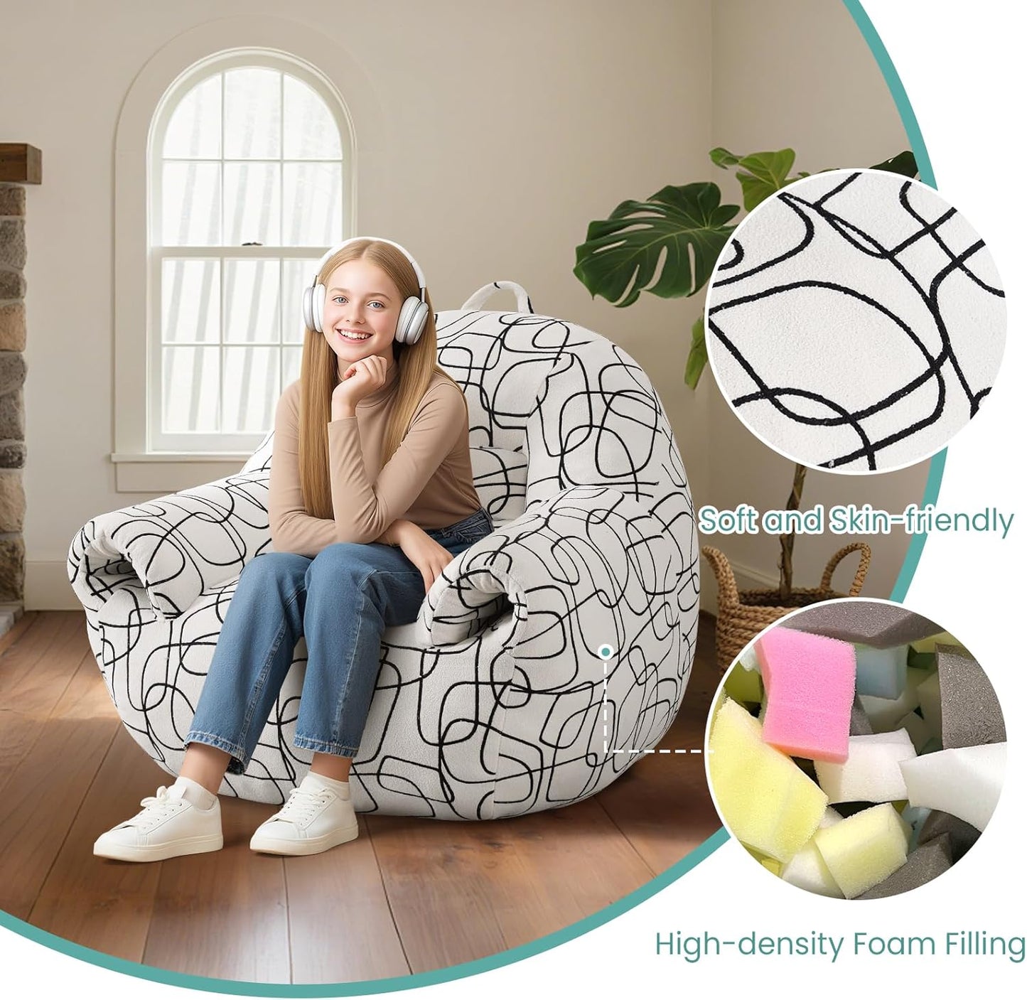 DAICO Bean Bag Chairs for Adults Bean Bag Sofa with Armrests Comfy Accent Chair White Single Lazy Floor Sofas with Foam for Living Room Reading Bedroom Gaming Office (Stripe Pattern)