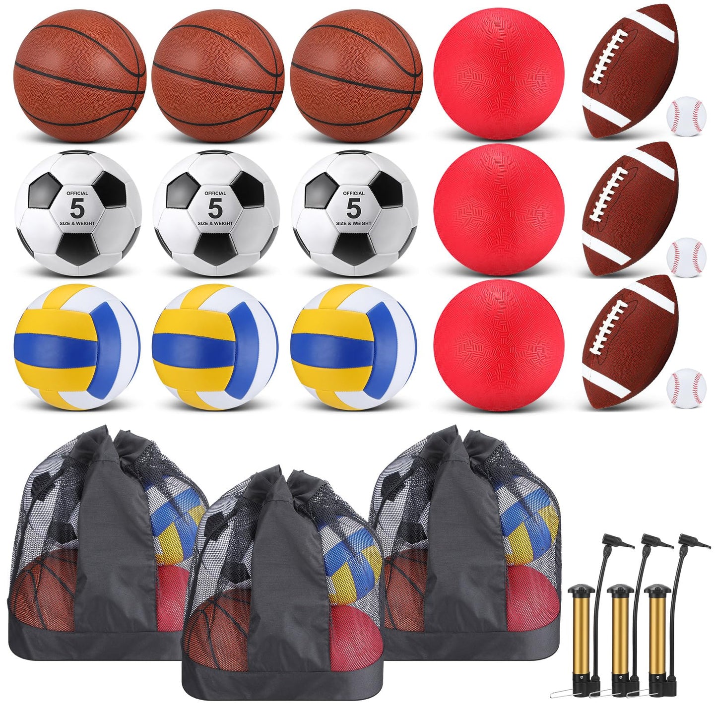 Leyndo 18 Pcs Sport Balls Bulk Set Basketball Football Volleyball Soccer Playground Baseball with Sport Equipment Bag Pump for Adults Gifts Outdoor Indoor(Brown)