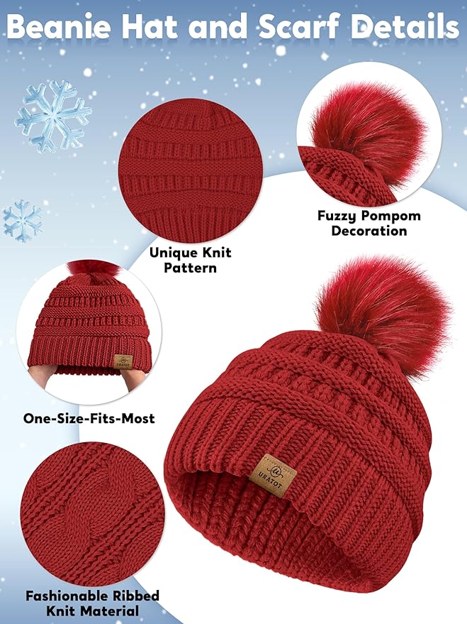 URATOT 4-In-1 Winter Warm Sets Knitted Scarf Touch Screen Gloves Beanie Pompom Hat and Winter Ear Warmer for Men or Women
