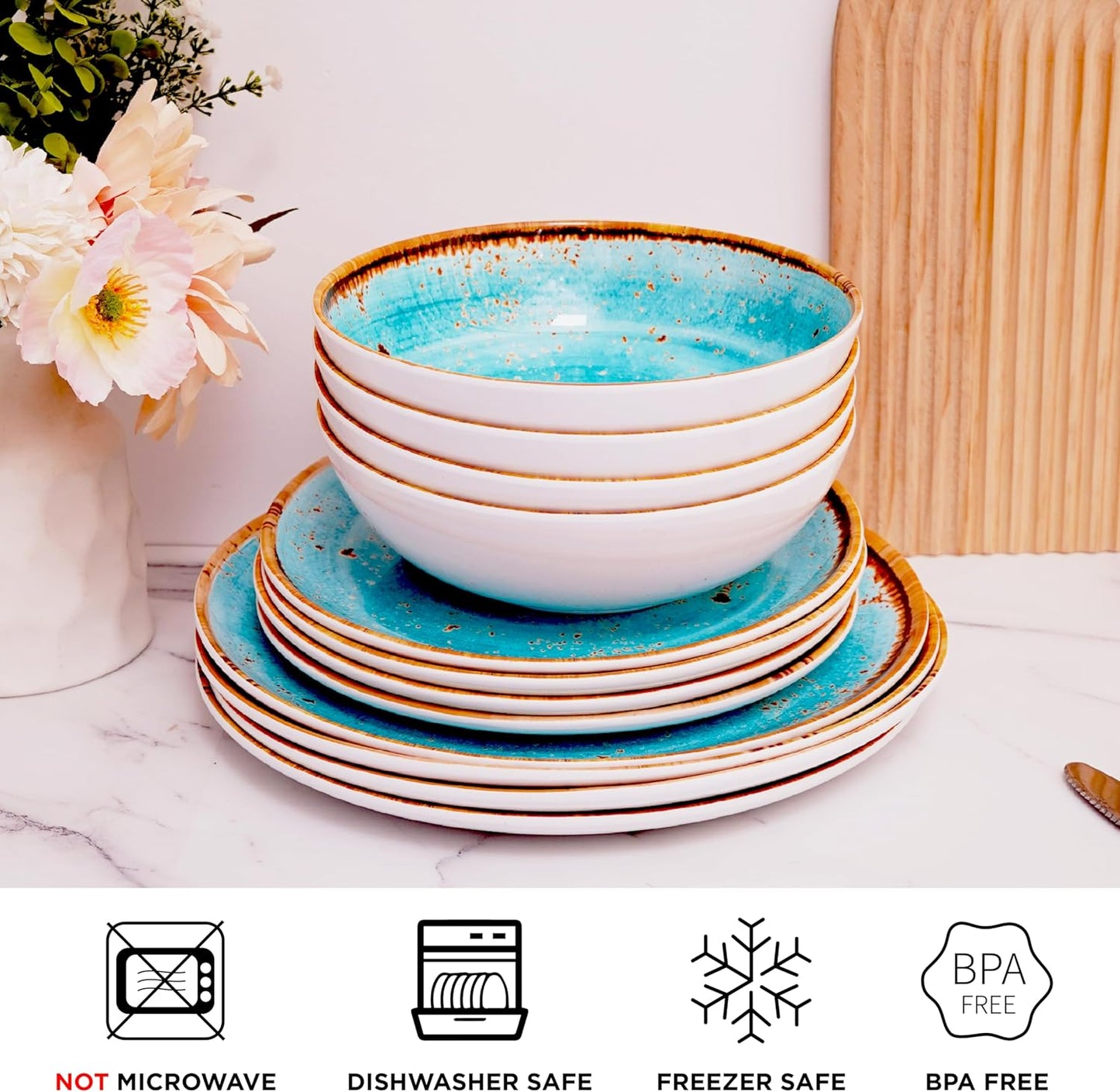 TP 12-Piece Dinnerware Set, Melamine Dishes Set with Bowls and Plates, Non-breakable and Lightweight Dinner Service for 4, Turquoise Swirl