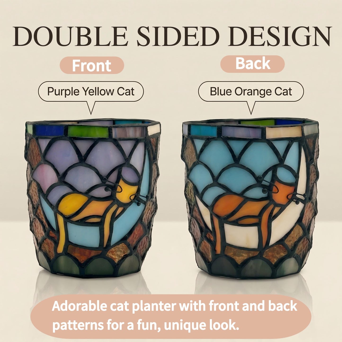 Entlityful Stained Glass Hanging Cat Planter Pot, Orange Sleeping Cat Small Hanging Plant Pots Indoor, Blue Moon Flower Pot Plant Gifts