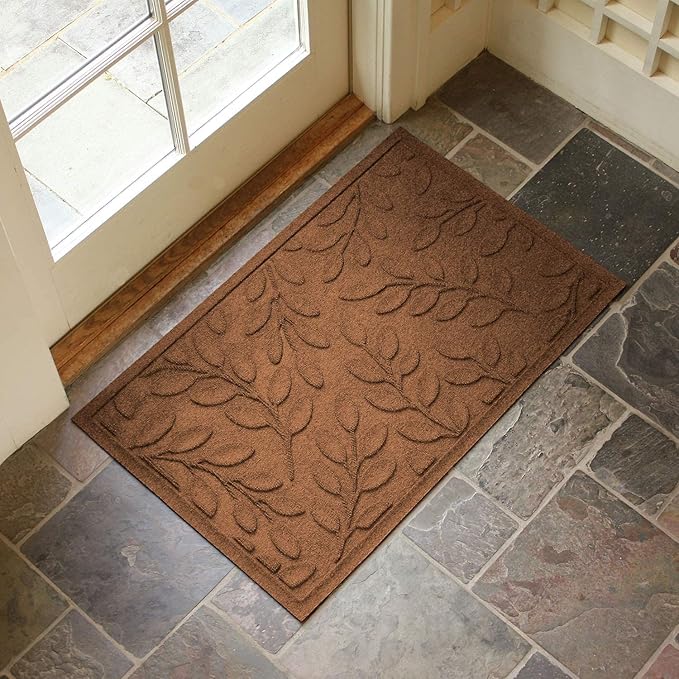 WaterHog Welcome Mat for Indoor/Outdoor, 2’ x 3’, Made in USA, Durable & Water-Resistant, Dirt Trapping Mat, Decorative Front Door and Entryway Rug, Brittney Leaf Design, Dark Brown
