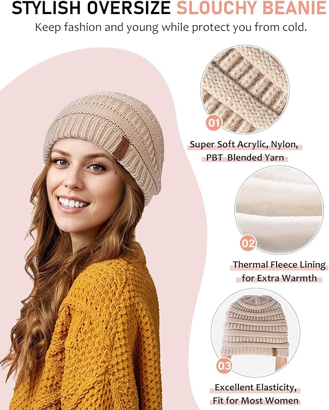 Womens Winter Beanie Hat Scarf Gloves Headband Set, Slouchy Beanie Ear Warmer Knit Scarf Touchscreen Gloves Warm 4 Gift Set