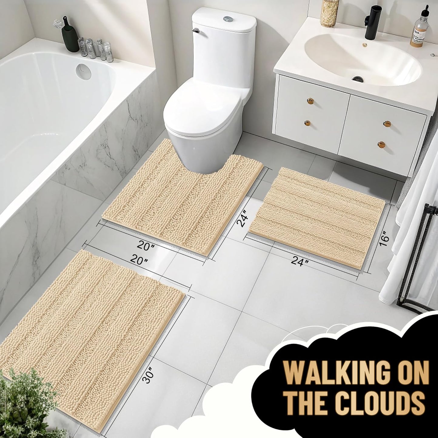 OLANLY Thick Bathroom Rugs 30x20, Extra Soft Absorbent Chenille Striped Bath Rugs, Rubber Backing, Machine Wash Dry, Bath Mats for Bathroom Floor, Tub and Shower, Home Decor Accessories, Beige