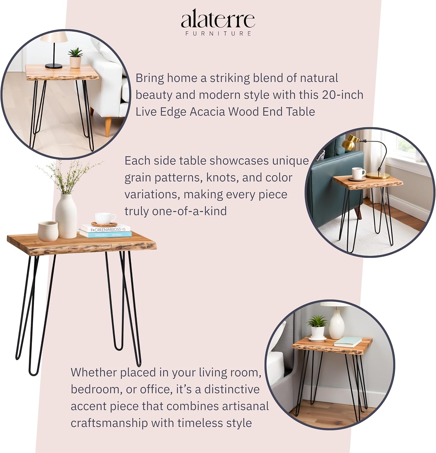 Alaterre Furniture Natural Live Edge End Table - 15” x 20” x 27” Acacia Wood Side Table with Metal Hairpin Legs and Protective Floor Pads - Mid Century Modern Living Room Furniture (Natural)