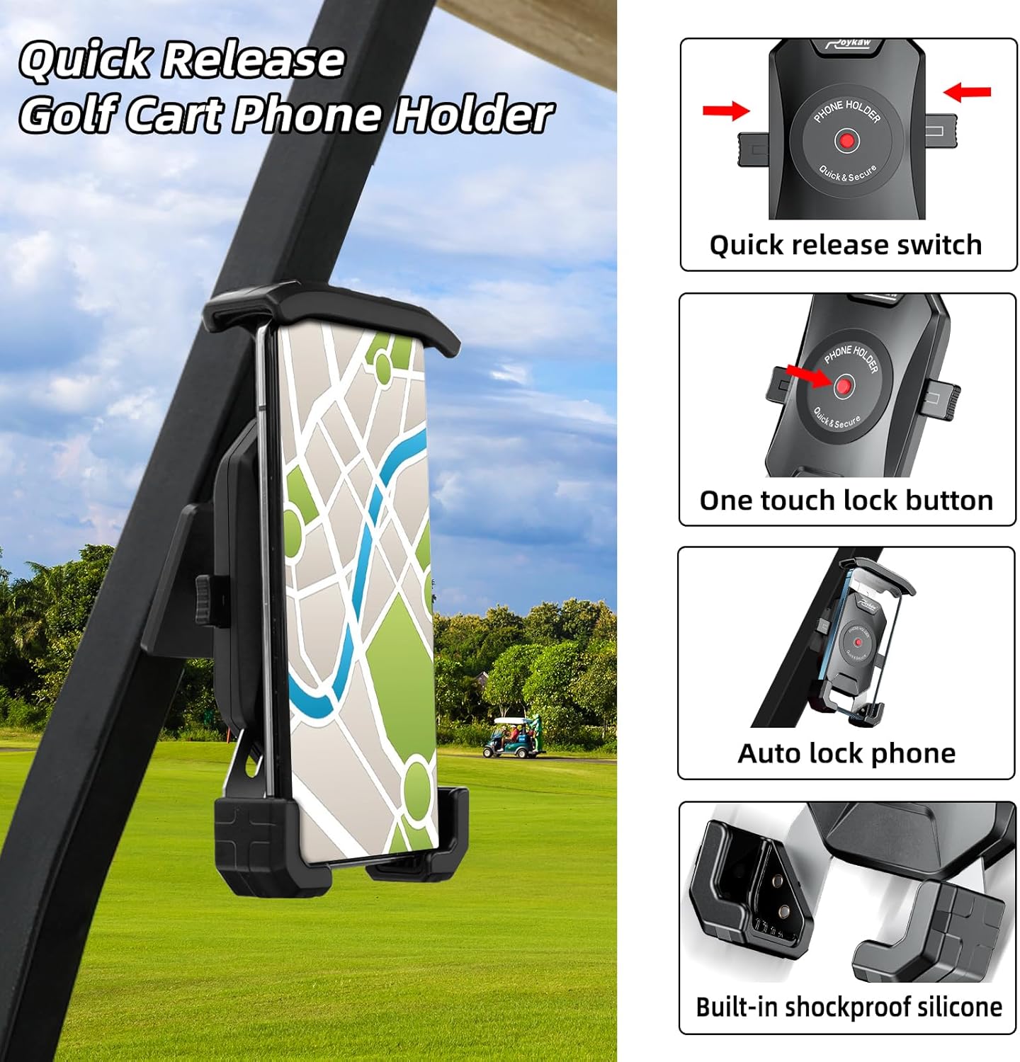 Roykaw Golf Cart Magnetic Phone Holder Mount Compatible with EZGO/Club Car/Yamaha, Compatible with iPhone/Galaxy/Google Pixel, Ultra Strength Magnet/360° Rotatable/One-Handed Pick & Place