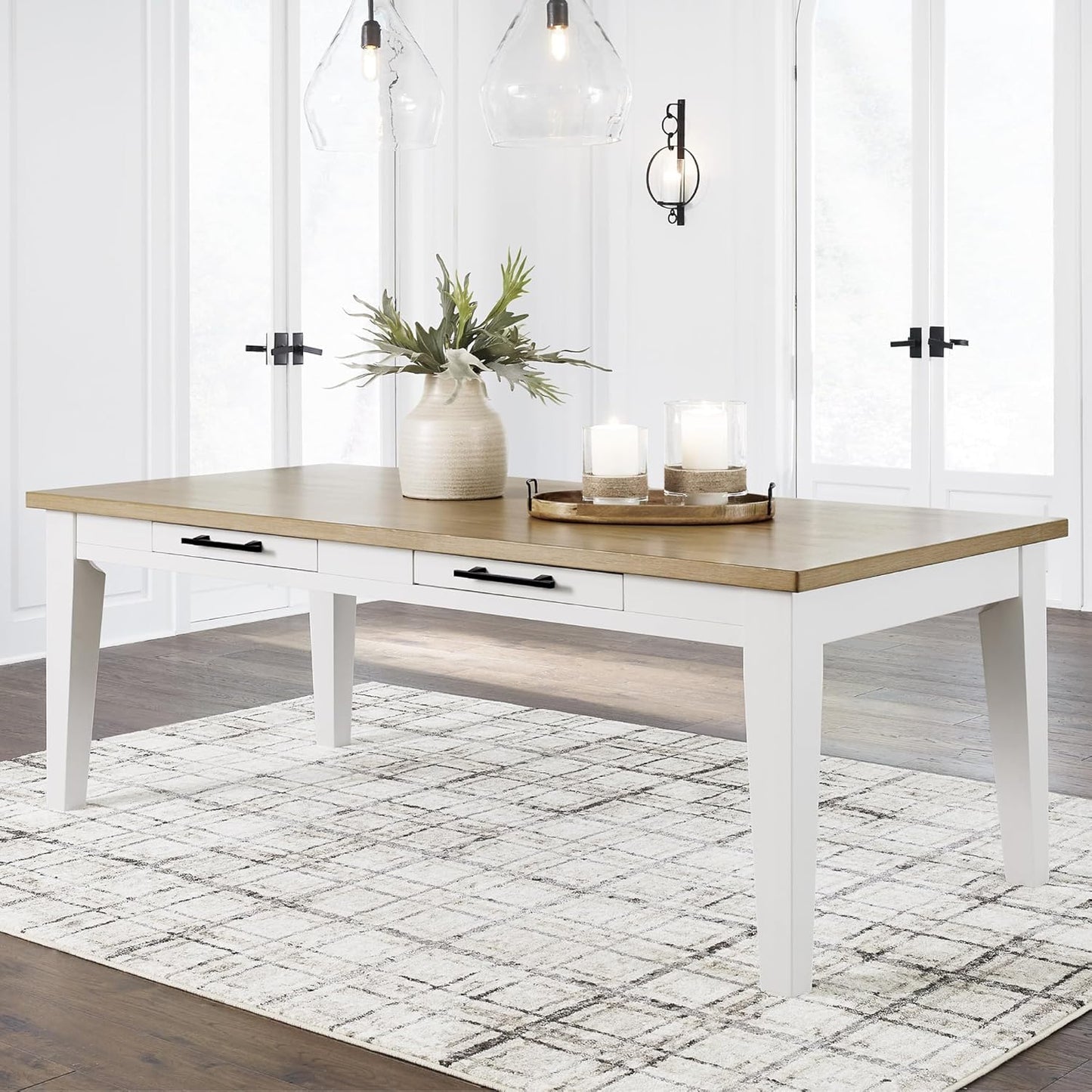 Signature Design by Ashley Ashbryn Casual Dining Table with 4 Felt-Lined Drawers for 8 People, White & Light Brown