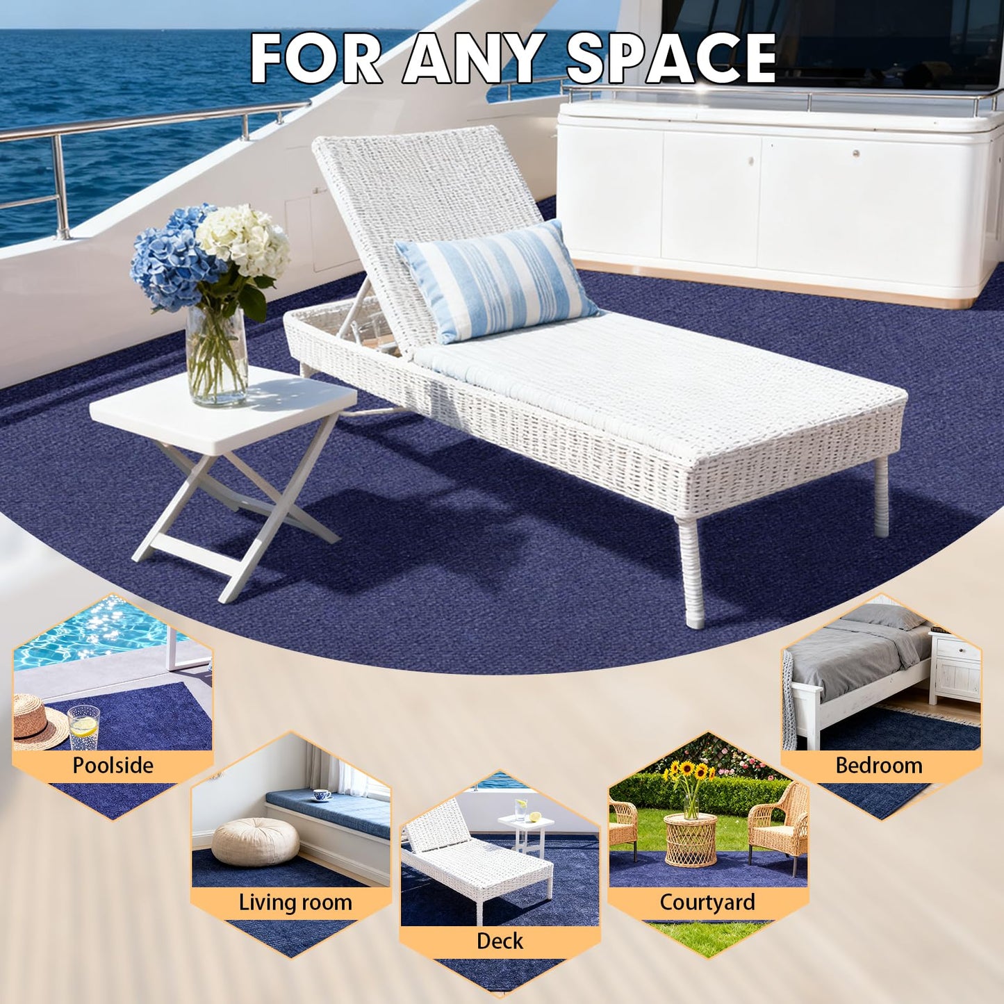 Grefinity Marine Carpet,5 FT x 15 FT Deep Blue Indoor Outdoor Carpet 0.2" Thick Boat Carpet with Water-Proof TPE Backing, Non-Slide Outdoor Marine Carpet Roll for Home, Patio, Porch, Deck