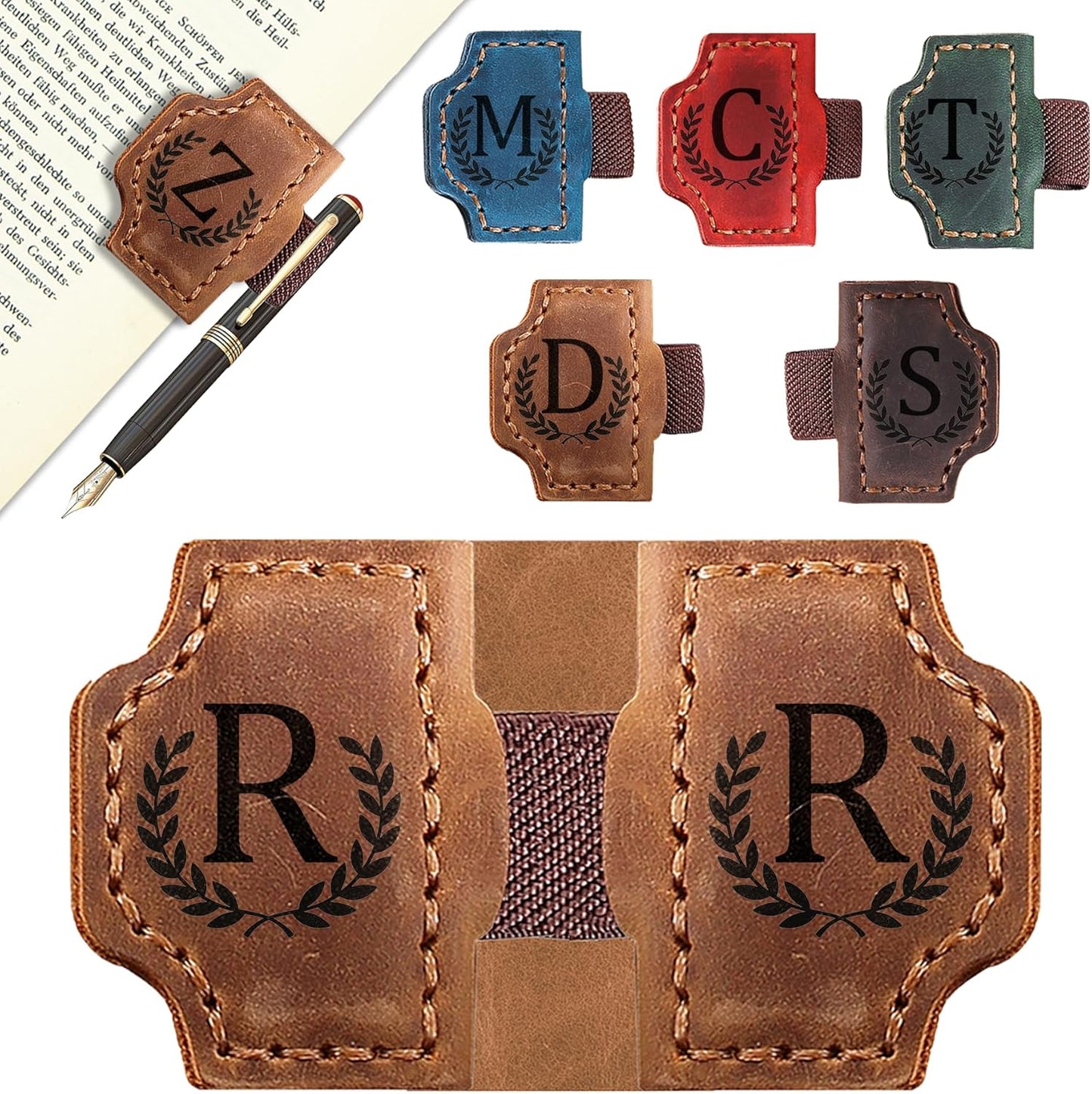 Bygone Mark Bookmark with Pen Holder, 26 Letters Name Initial Personalized Magnetic Bookmarks, Leather Book Mark for Men Women, Travelers Accessories, Teachers Readers Book Lovers Gifts (Brown, R)