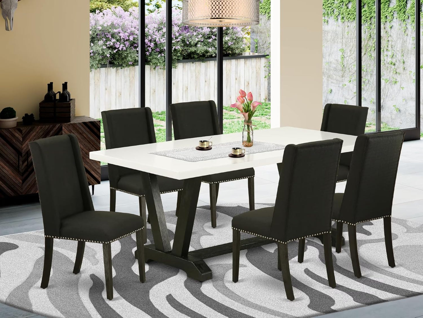East West Furniture V627FL624-7 7 Piece Modern Dining Table Set Consist of a Rectangle Wooden Table with V-Legs and 6 Black Linen Fabric Parson Dining Chairs, 40x72 Inch, Multi-Color