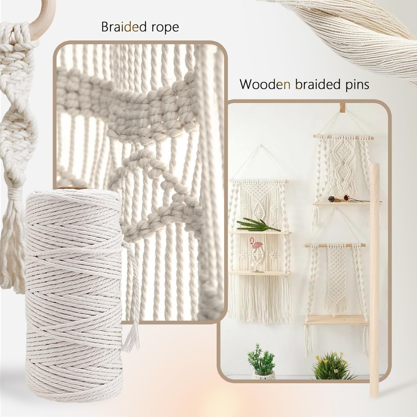 227pcs Macrame Kits 3mm 115yards Wall Hanging Natural Cotton Macrame Cord with Wooden Beads & Rings Wooden Sticks, Metal S-hooks Supplies for Hanging Plant Hand Tassel weaving