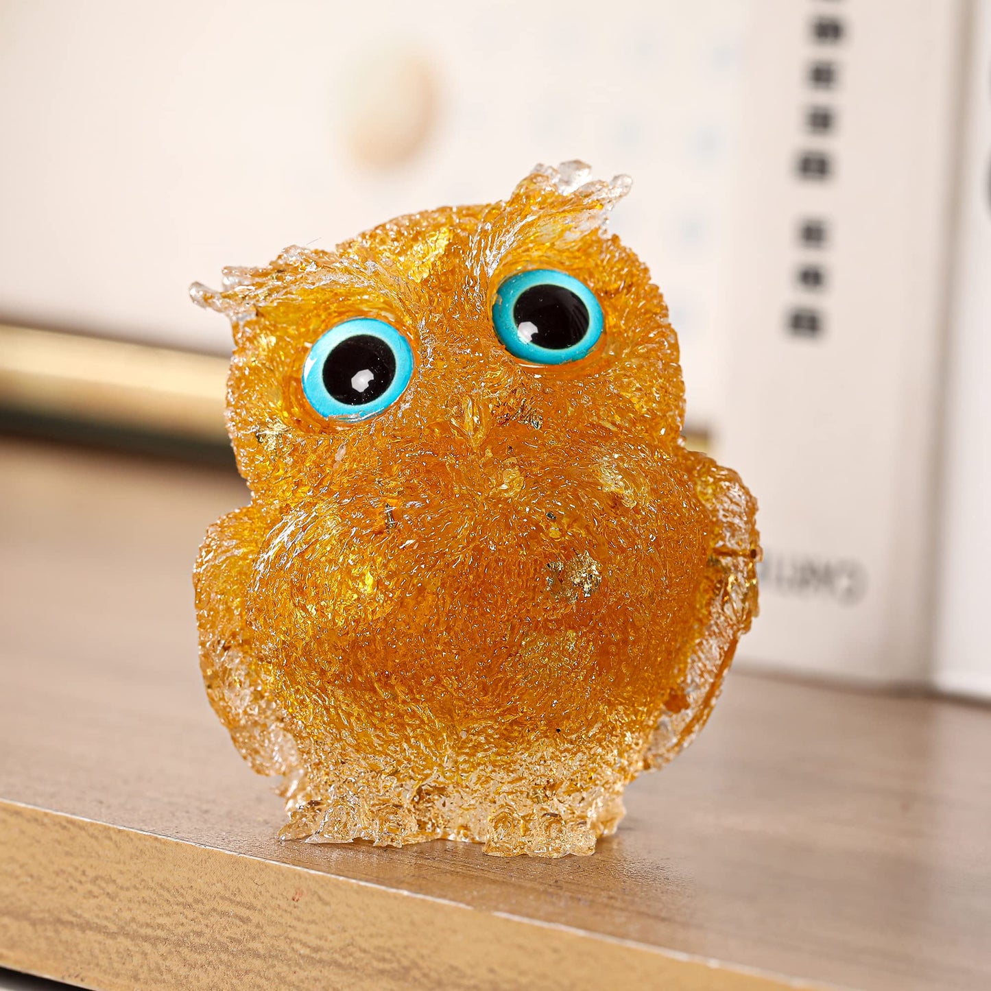 Reyife Hand-Carved Natural Crystal Owl Statue Reiki Healing Gemstone Animal Figurines Home Office Car Decoration The Best Gifts 2.4 inches(Gold)