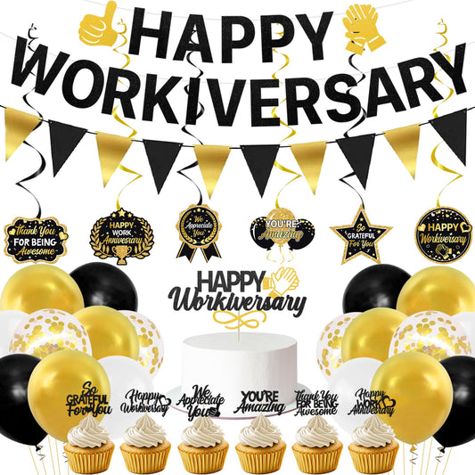 Roetyce Work Anniversary Party Decorations, Black Gold Happy Workiversary Banner Cake Topper Balloons Hanging Swirls, Work Anniversary Backdrop Background for Employee Coworker Office Party Supplies