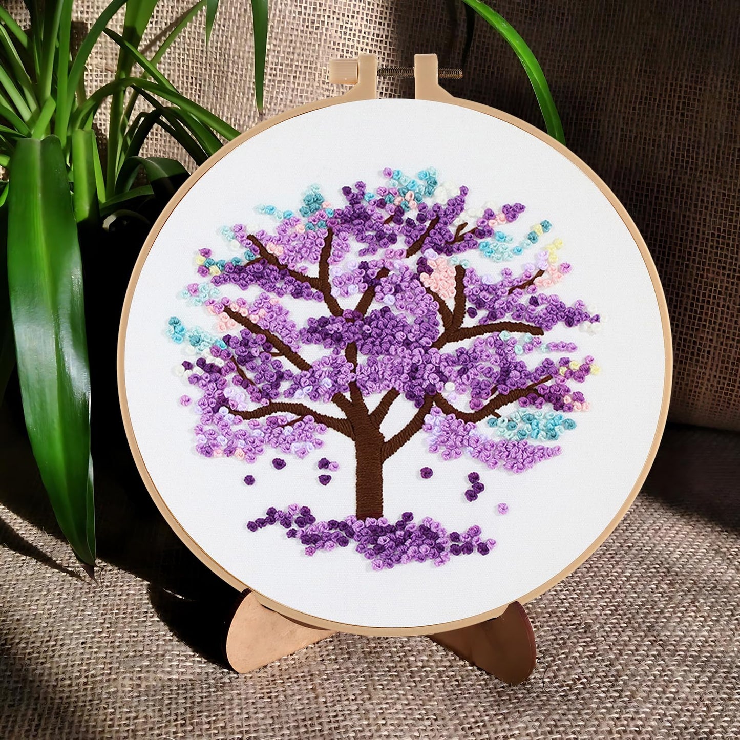 Sivilife Embroidery Starter Kit for Beginners, 4 Sets Stamped Cross Stitch Kits for Adult, Seasonal Tree Pattern Hand DIY Kits with 2 Embroidery Hoop Instructions Color Threads Needles and Scissor