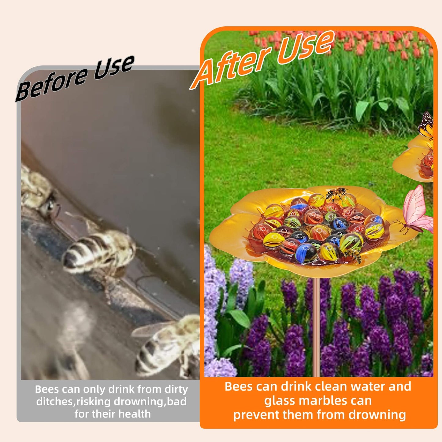 Large Bee Watering Station-Golden Butterfly Puddler Bee Bath & Feeder with Metal Stakes - 30 Glass Marbles, Vivid Flower Design, Garden Yard Decor (Golden-2PACK)
