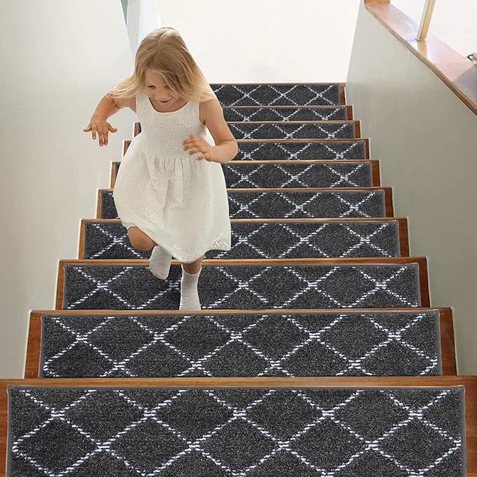 BEQHAUSE Stair Treads for Wooden Steps Non Slip Machine Washable Stair Runner Soft Polyester Stair Rugs 28inX9in for Elders,Kids and Dogs with Self-Adhesive Backing 15pcs,Dark Grey