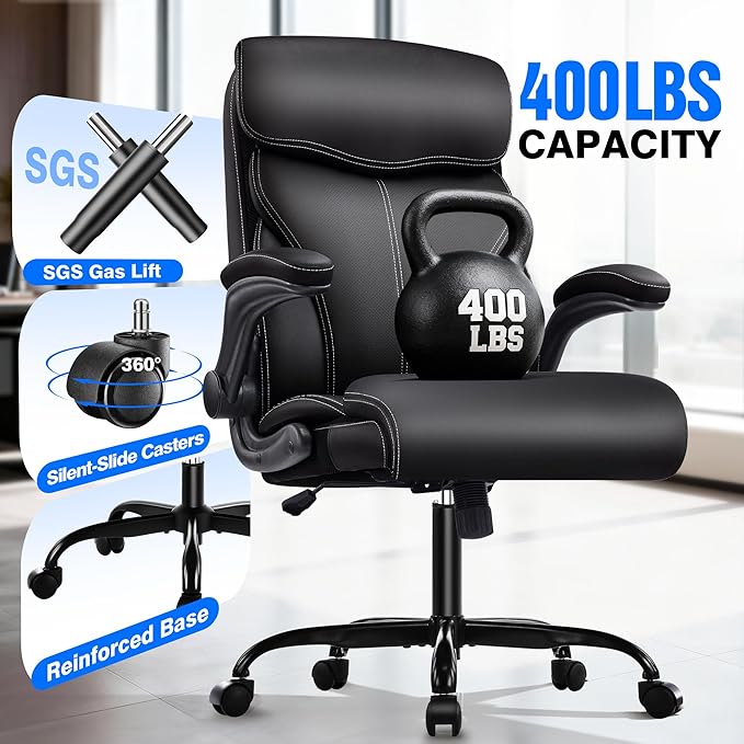 Office Chair - Executive High Back Breathable Comfy Desk Chair with Lumbar Support - Ergonomic Leather Rolling Swivel Computer Chair with Rock Function for Working Studying Gaming Relaxing