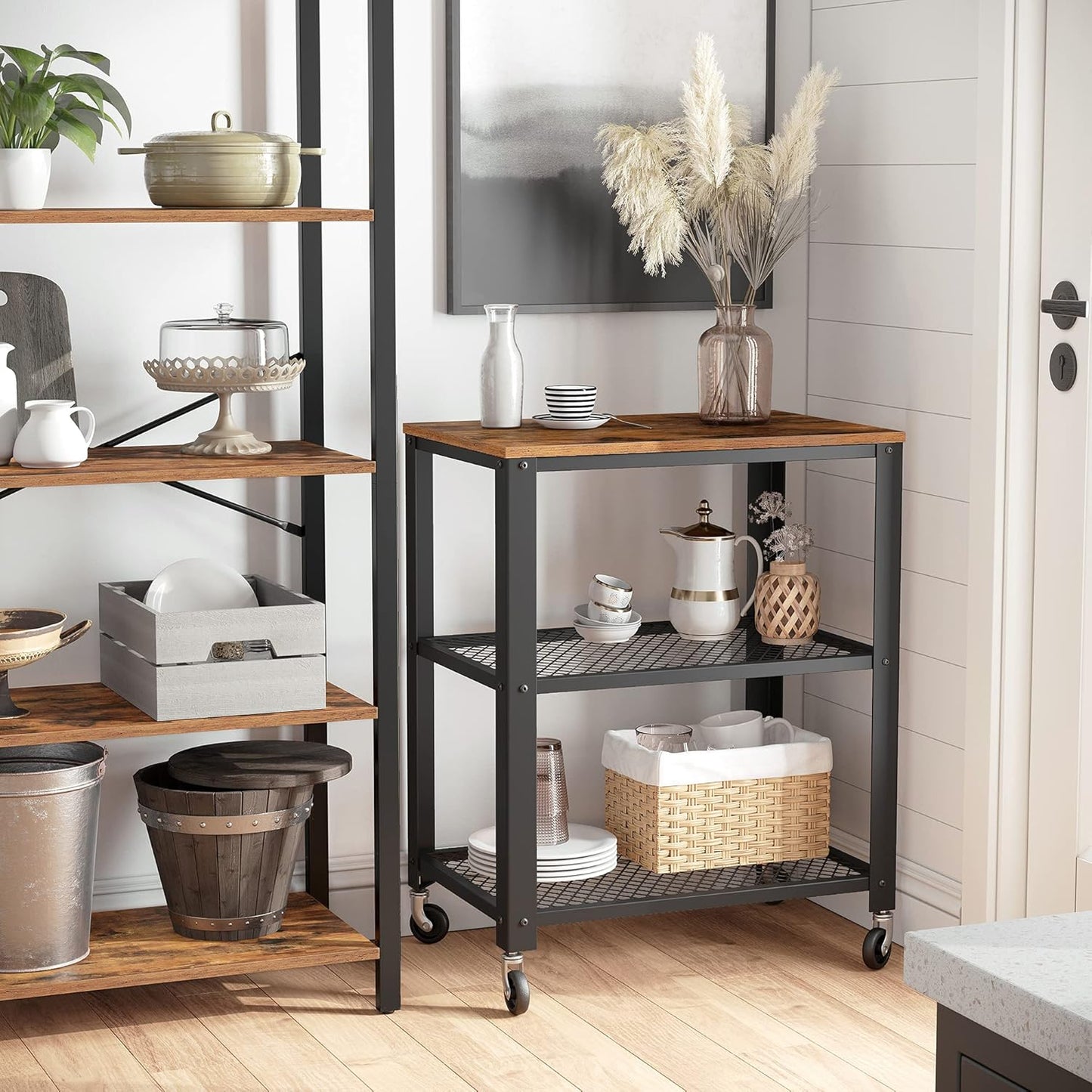 VASAGLE BRYCE Serving Cart, 3-Tier Kitchen Utility Cart on Wheels with Storage, for Living Room, Accent Furniture with Steel Frame, Industrial, Rustic Brown and Black ULRC78X
