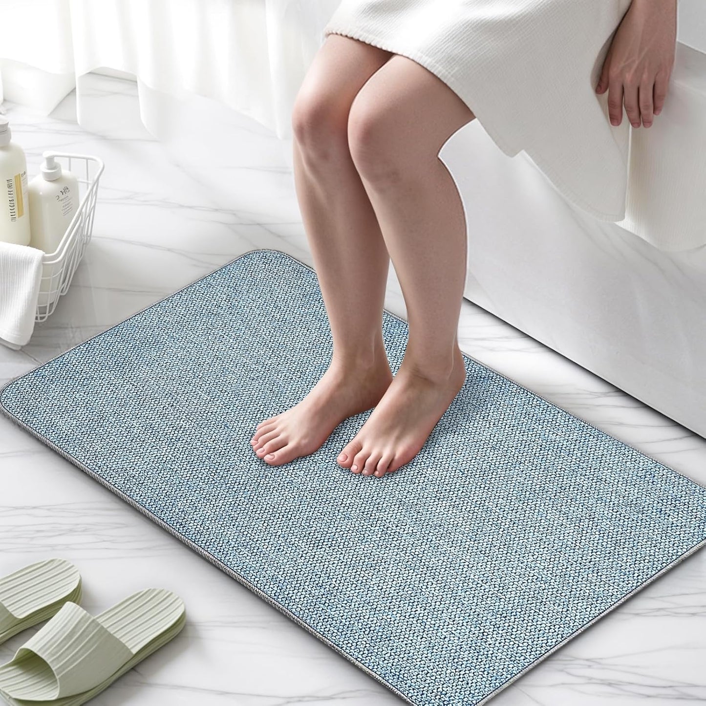 Upgraded Bathroom Rugs 17x27Inch, Thin Bath Mat with Rubber Backing Non-Slip, Absorbent,Quick Dry Machine Washable, Home Decor Accessories Cozy Cloth Bathroom Mat fit Under Door/Sink/Tub/Shower-Blue