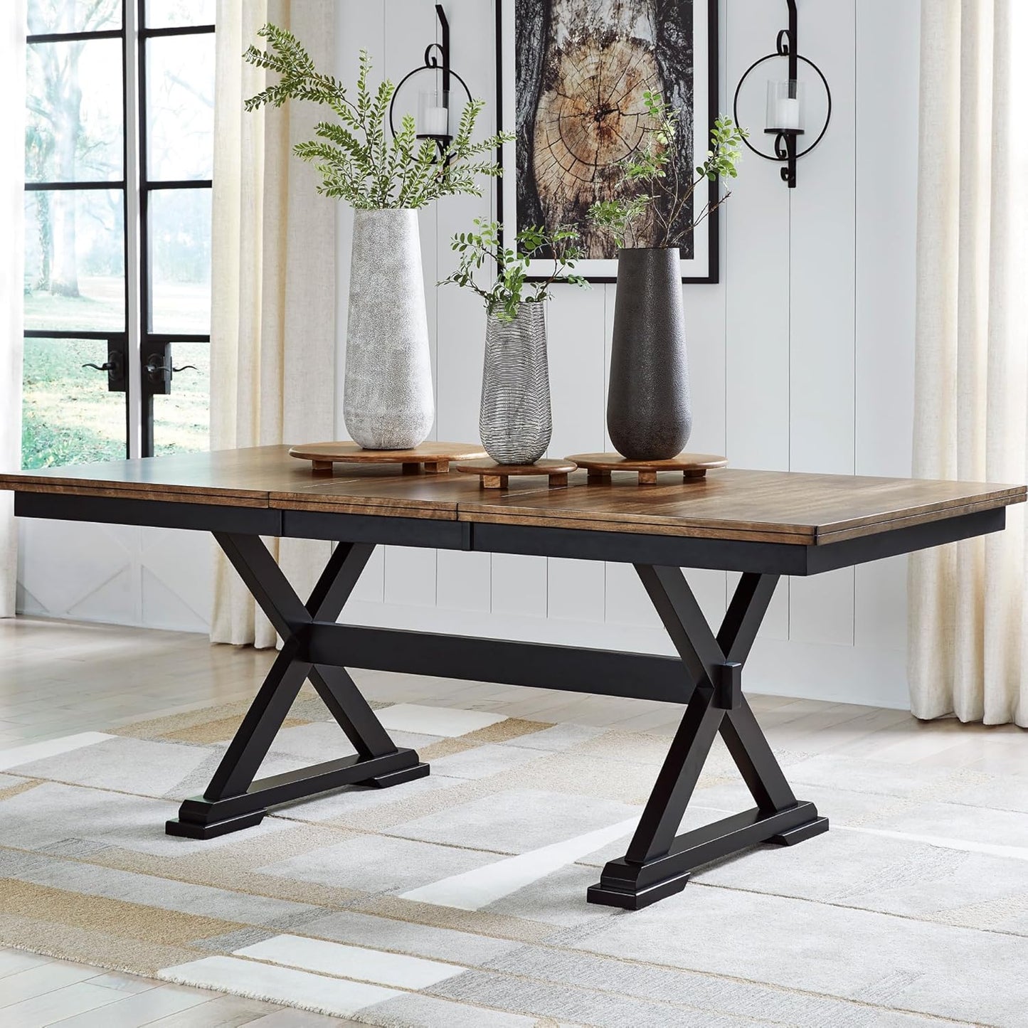 Signature Design by Ashley Wildenauer Farmhouse Dining Extension Table with Self-Storing Butterfly Leaf for 6-8 People, Black & Dark Brown