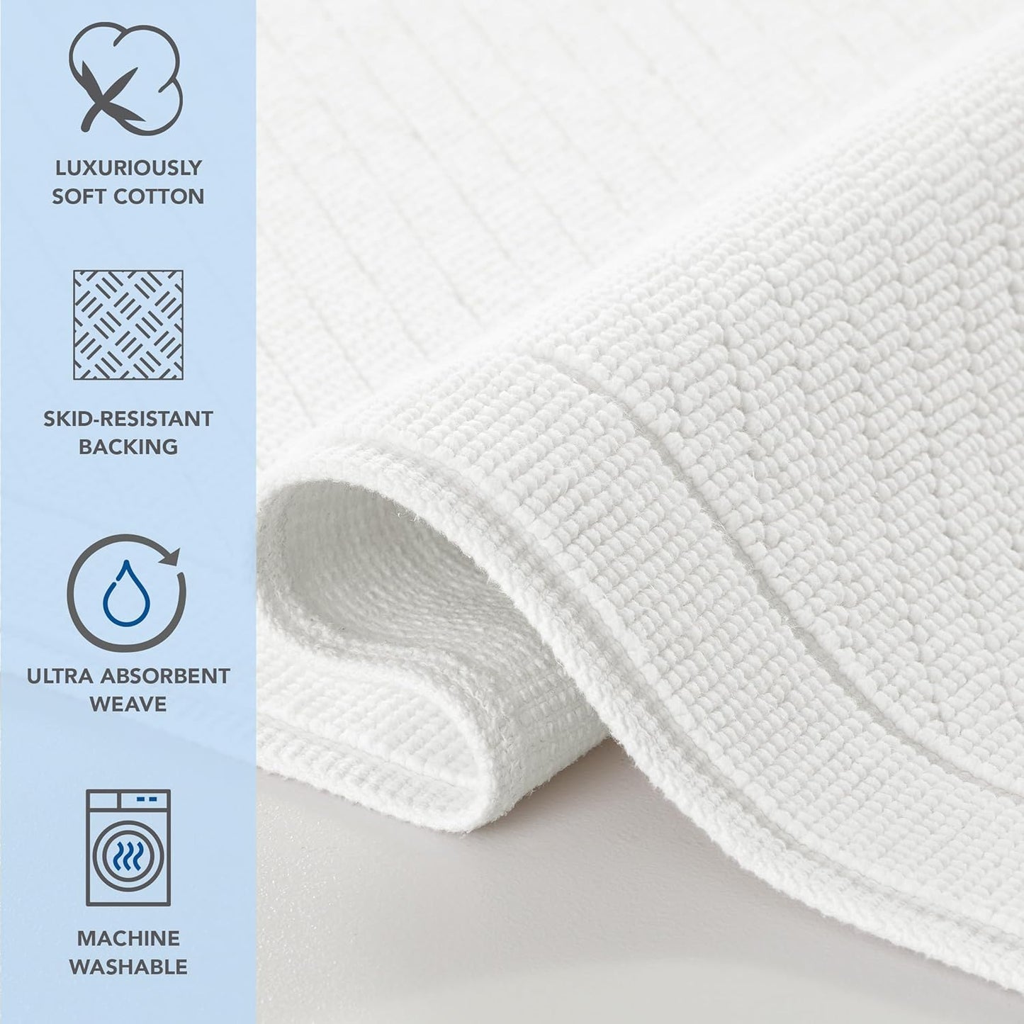 Arkwright 100% Cotton Bathroom Rug - High Absorbent Stylish Textured Woven Design Bath Mat, Slip Resistant Backing for Shower and Bathtub Floor, 20x32 in - White