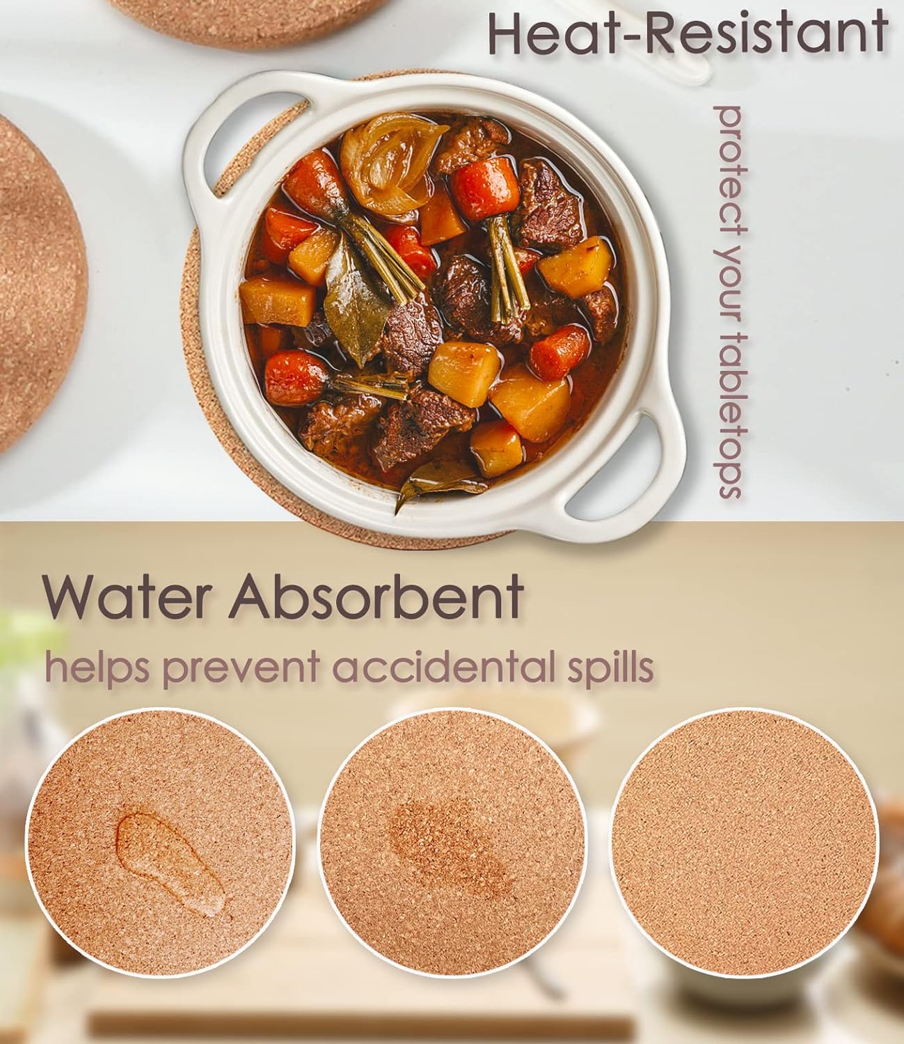 Cork Trivet, 6 Pcs High Density Thick Cork Trivets for Hot Dishes, 10 Inch Heat Resistant Multifunctional Coaster, Hot Pads for Table & Countertop