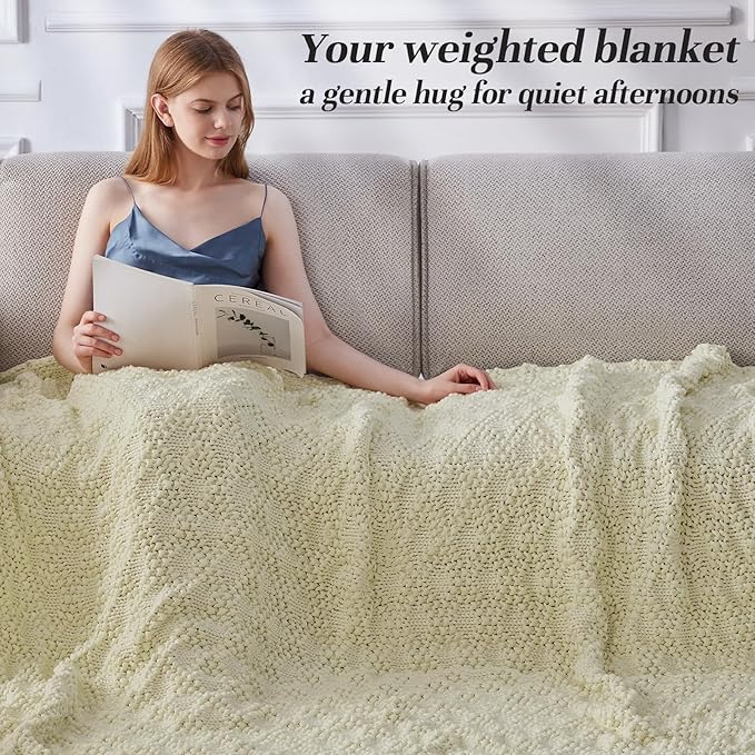 Knitted Weighted Blanket for Adult, Chunky Knit Weighted Throw for Sleep 48"*72" 15lbs, Cooling Breathable Heavy Blanket for Hot Sleepers, Machine Washable Blanket for Room Decor(Cream White)