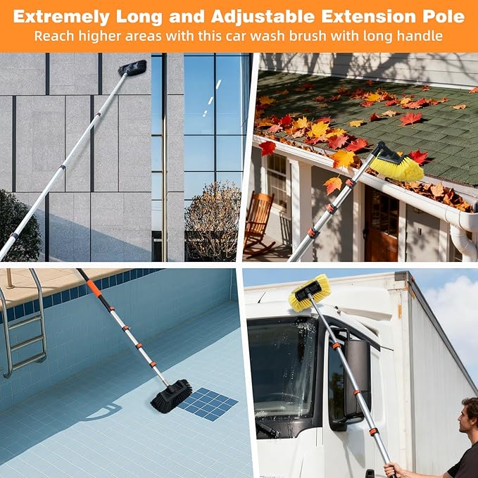 12FT Car Wash Brush with Long Handle Aluminium Telescoping Pole Angle Adapter with 2 Pcs 12" Soft and Hard Bristle Scratch-Free for Cleaning Car Truck RV House Floor Window Roof Solar Panels