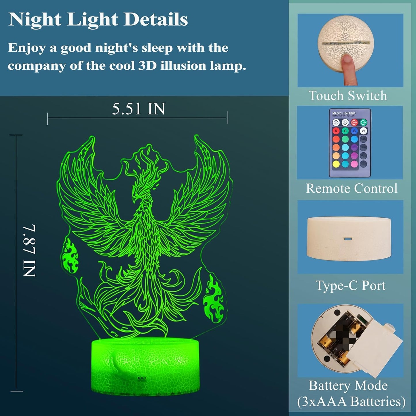 Phoenix Night Light, 3D Illusion Lamp, Phoenix Stuff with 16 Colors Changing, Remote Control, Dimmable, Kids Room Decoration, Xmas Holiday Gifts