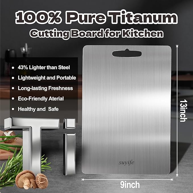 Titanium Cutting Board,100% Pure Titanium Cutting Boards for Kitchen, 2025 New Double Sided Food-Grade Chopping Board for Cutting Meat Vegetable Fruit (1, 13"L x 9"W)