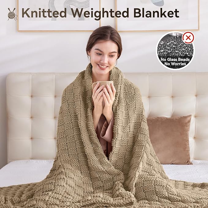 Knitted Weighted Blanket for Adult, No Beads Heavy Blanket 48” x 72'' 12lbs, Breathable Chunky Knit Blanket, Cooling Weighted Blanket for Hot Sleepers, Christmas Home Decor (Camel)