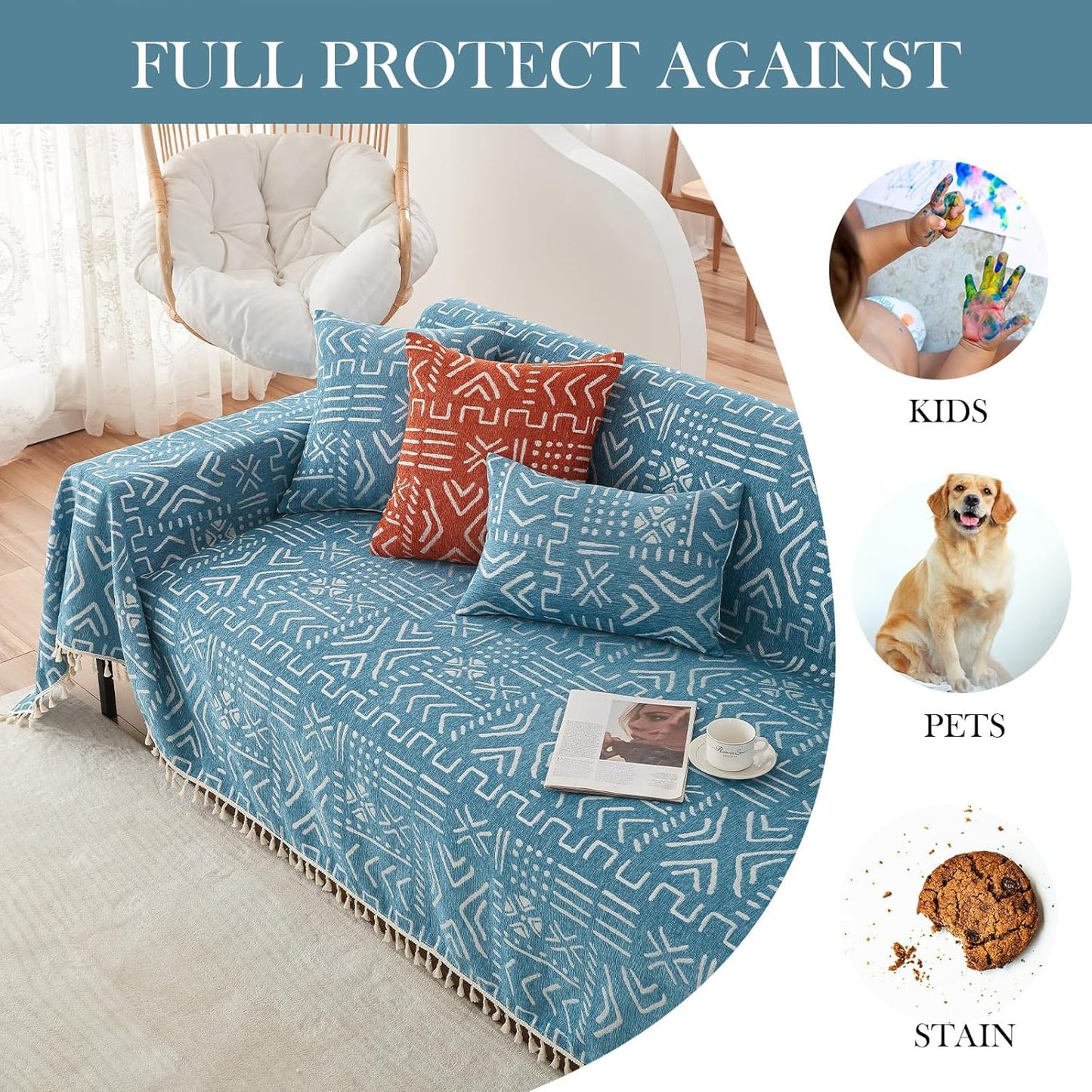 HANDONTIME Turquoise Couch Protector for Dogs Boho Tassel Blue Couch Cover Farmhouse Sofa Covers Aztec Tribal Couch Covers for 3 Cushion Couch Sofa Universal Sofa Slipcover for Home décor, 71" X134"