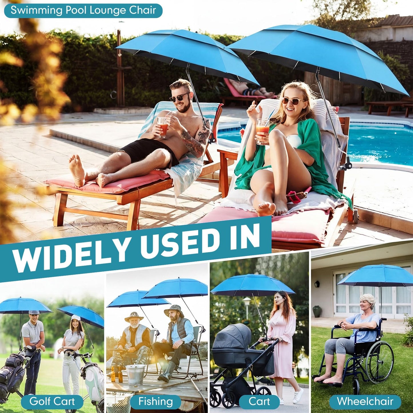Nuanchu 2 Pcs 49" Double Canopy Beach Umbrellas with Clamp Upf50+ Beach Chair Umbrella with Clip 360 ° Adjustable Portable Outdoor Wheelchair Patio Golf Carts Camping Stroller Fishing(Sky Blue)