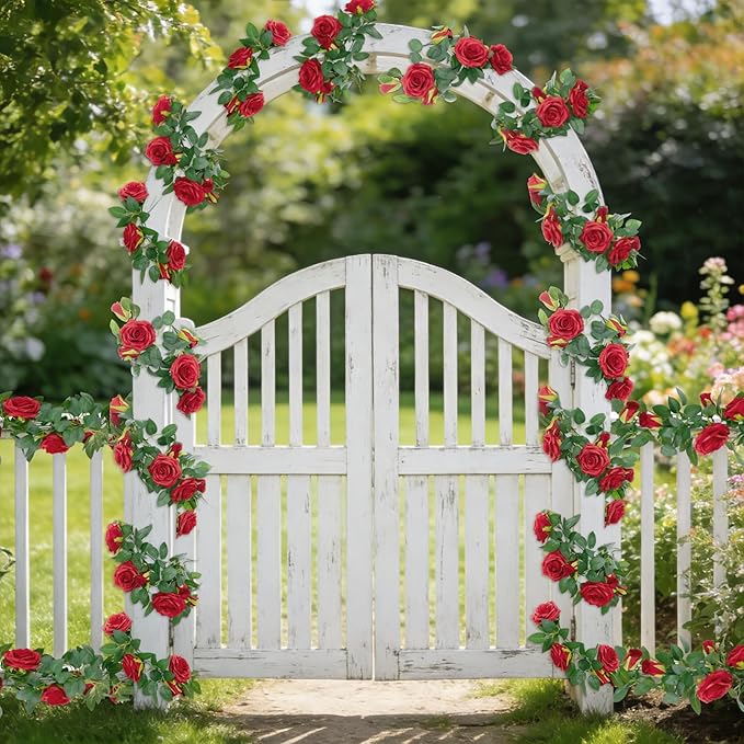 U'Artlines 5 Pack Artificial Red Rose Vines Floral Garlands Total 32.5 Ft Fake Vine Silk Flower Garland for Indoor Outdoor Home Wedding Arch Garden Wall Decoration