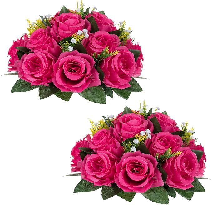 NUPTIO Flower Ball for Table Centerpieces: Hot Pink Artificial Rose Kissing Balls for Wedding Party Valentine Tables - 2 Pcs Faux Silk Floral Arrangements for Home Dining Event Decorations