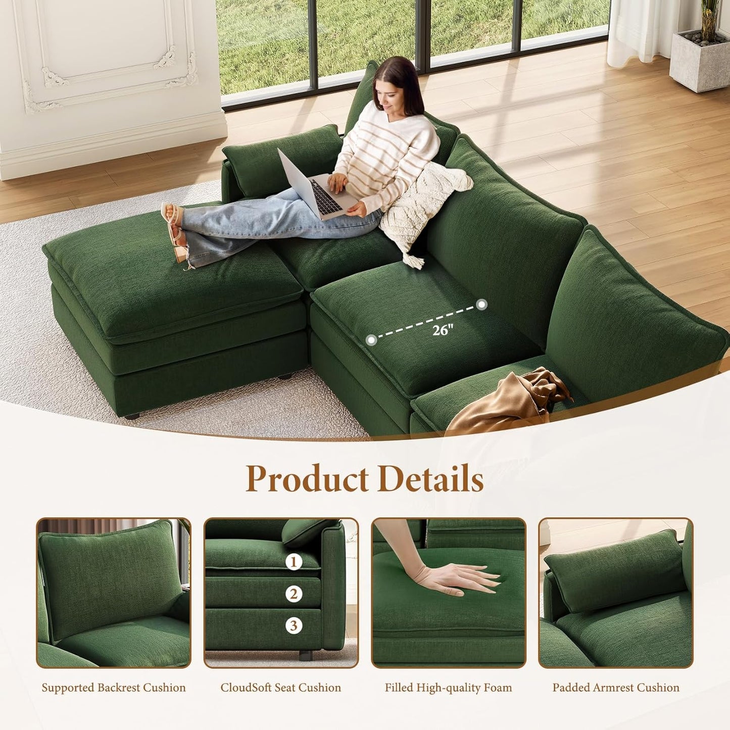 Vesgantti 142" Cloud Couch Sectional Modular Sofa, Comfy Sectional Couch with Ottoman Deep Seat Chenille L Shaped Sofa, Modular Couches for Living Room, Bedroom and Apartment, Green