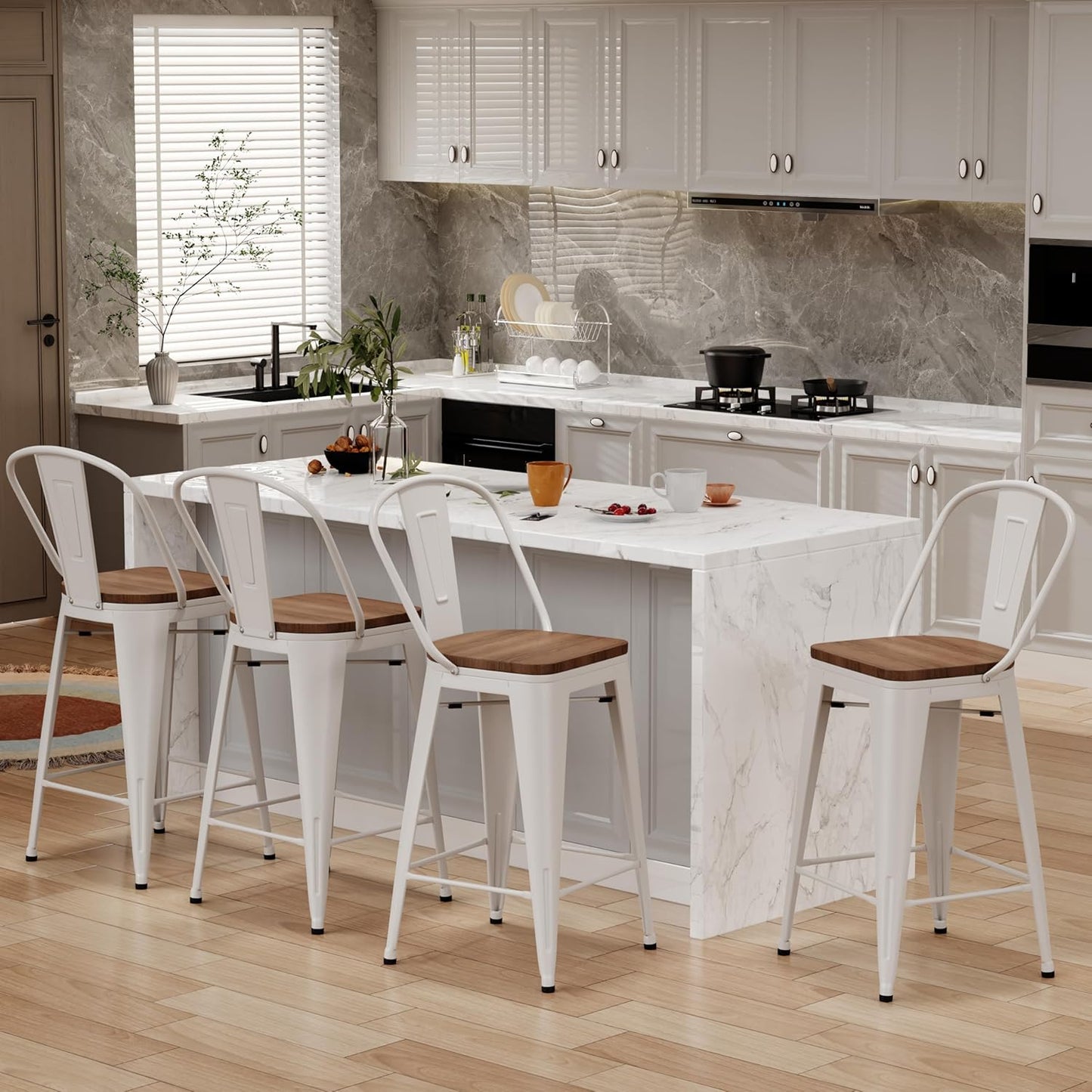 Changjie Furniture 24 Inches Metal Barstools Set of 4 Counter Height Bar Stools Industrial Stools with Backs High Back Chairs for Kitchen Island (24 Inch, White)
