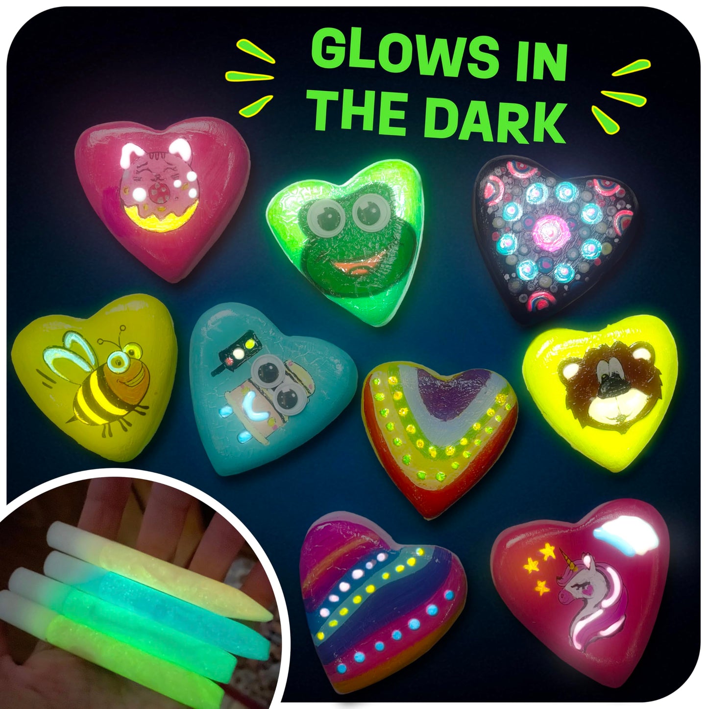 Hearts Rock Painting Kit for Kids Girls - Glow in Dark Art Supplies Ages 4-12 - Complete STEM Craft Set with Puffy Paint Stickers Gems Paints - Educational Birthday Easter Gifts Art Toys for Girl