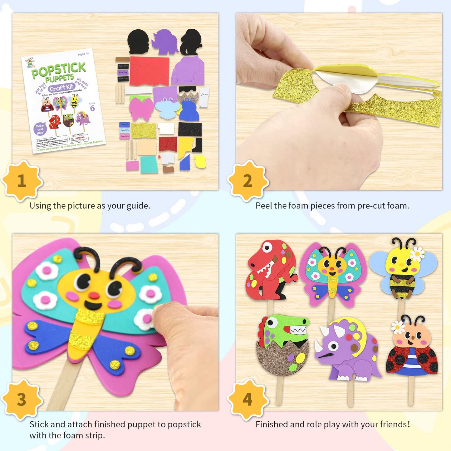 VKPI Make 6 Popstick Puppets Craft Kits for Kids, Foam Crafts, Story Time Toys for Ages 4+ Toddler, Dinosaurs, Butterfly, Preschool Projects Art Crafts, Birthday Holiday Gift