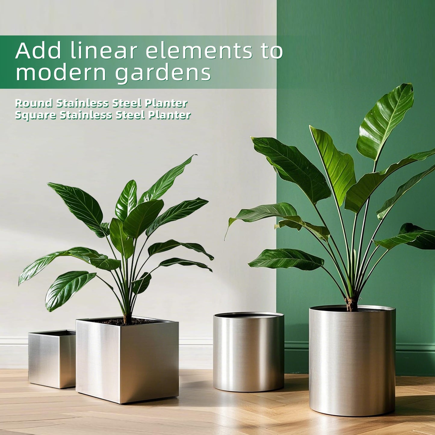 Modern Indoor Outdoor Large Stainless Steel Plant Pot and Plant Caddy with Wheels for Home Patio Garden,11.81 Inch Dia Round Planter, Easy to Clean and Move