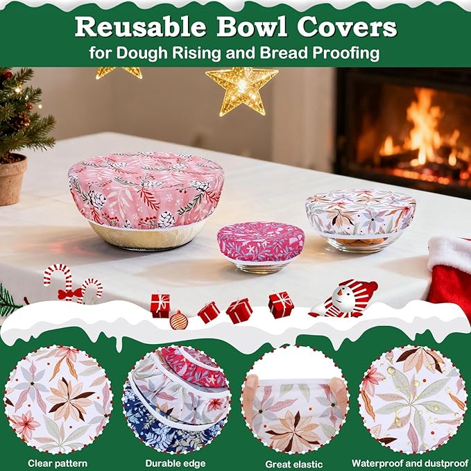 5-Size Beeswax Bowl Covers for Bread Proofing, Reusable Cotton Cloth Bowl Covers, Flexible Beeswax Wraps for Food Storage Christmas Holiday Kitchen Decor(Pinecones)