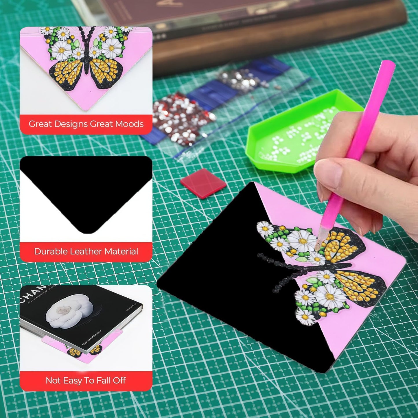 DDGYP 6 PCS Diamond Art Bookmarks, 3.94X3.94 Inch PU Leather DIY Corner Bookmarks with Butterfly & Flower Patterns, Diamond Painting Kits for Adults Book Lovers Home Reading Craft Gift