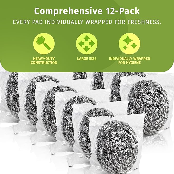 Brheez Stainless Steel Cleaner Scouring Pads [12 Pack] - Industrial & Commercial Strength Large Cleaning Supplies Dish Sponge - Individually Wrapped 30 Gram