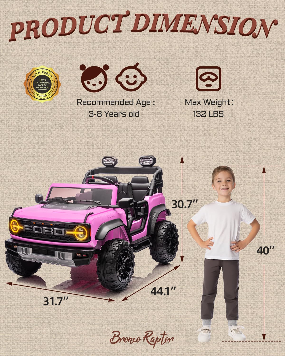 First Ride On 24V Ride on Toys for Big Kids, Licensed Ford Bronco Raptor 2 Seater Ride on Cars with Remote Control, Ride on Truck w/ 4-Wheeler Suspension, 3 Speeds, Led Lights, Bluetooth (24V, Pink)