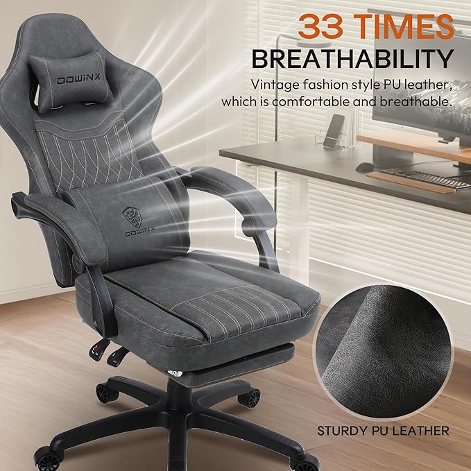 Dowinx Gaming Chair Breathable PU Leather Gamer Chair with Footrest Massage Lumbar Support, Big and Tall Ergonomic Reclining Computer Chair with Pocket Spring Cushion for Adults Teens (Grey)